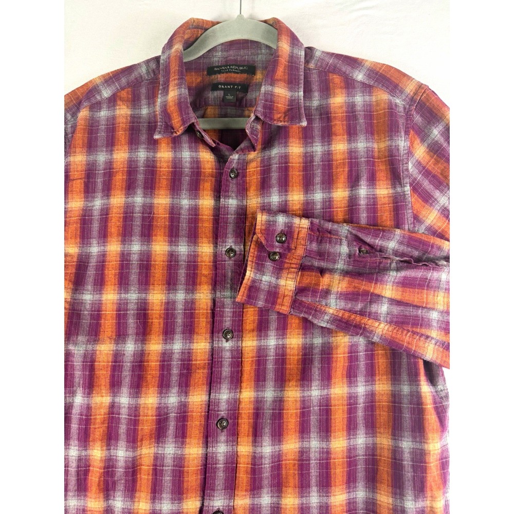 Banana Republic luxe flannel cotton plaid purple ls button up shirt, men's L